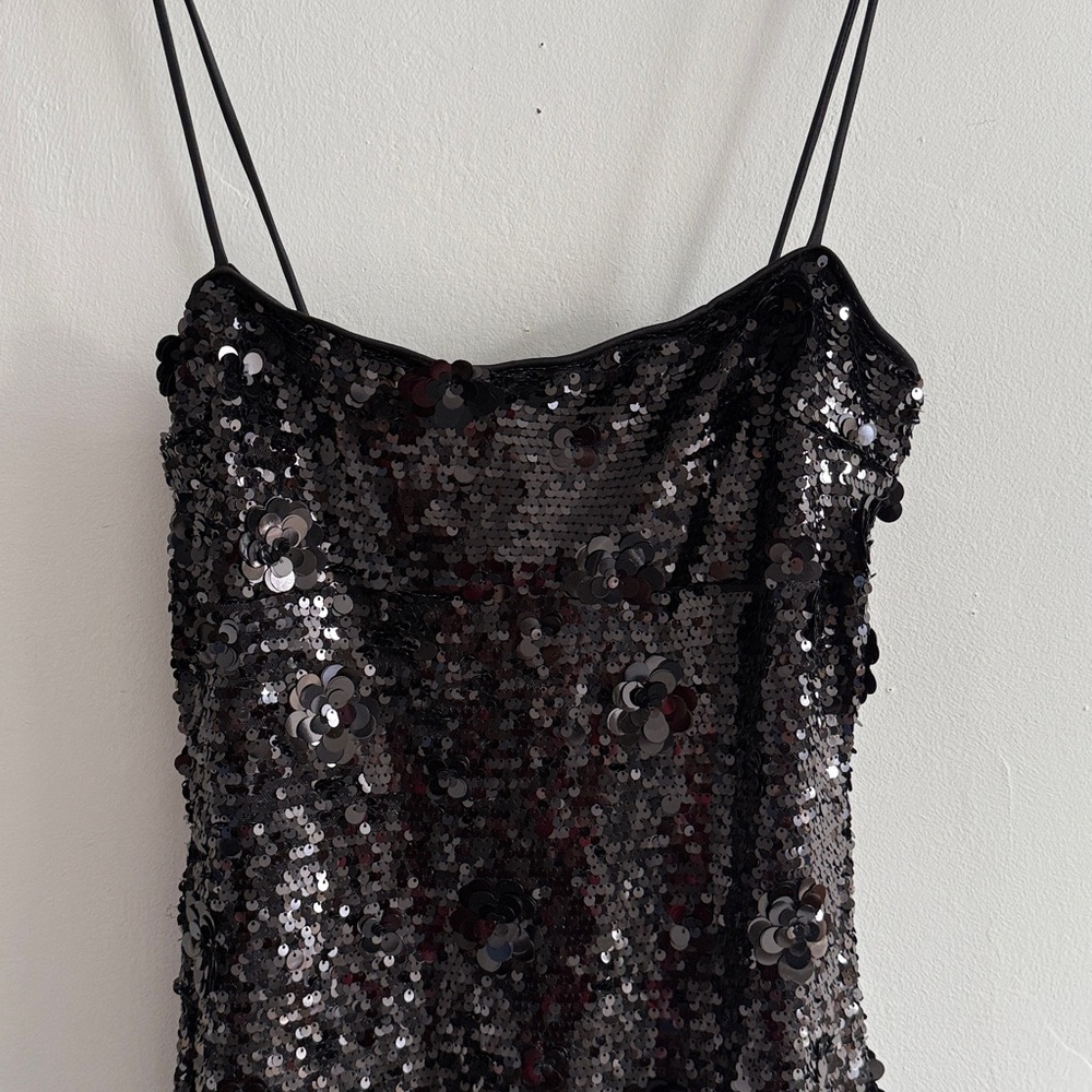 Zara Black Sequined Slip Dress with sequin flower detail Small - Picture 3 of 8
